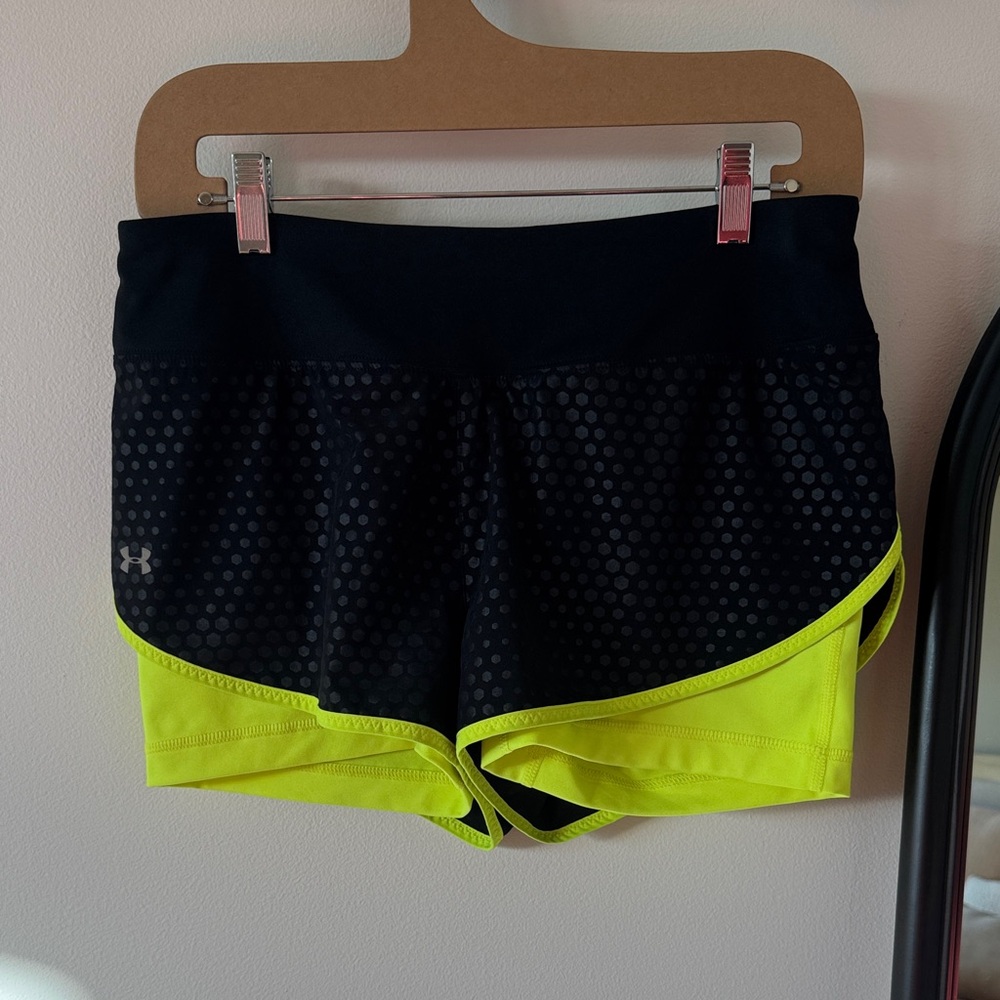 Under Armour Women's Black and Neon Yellow 2 in 1 Athletic Shorts